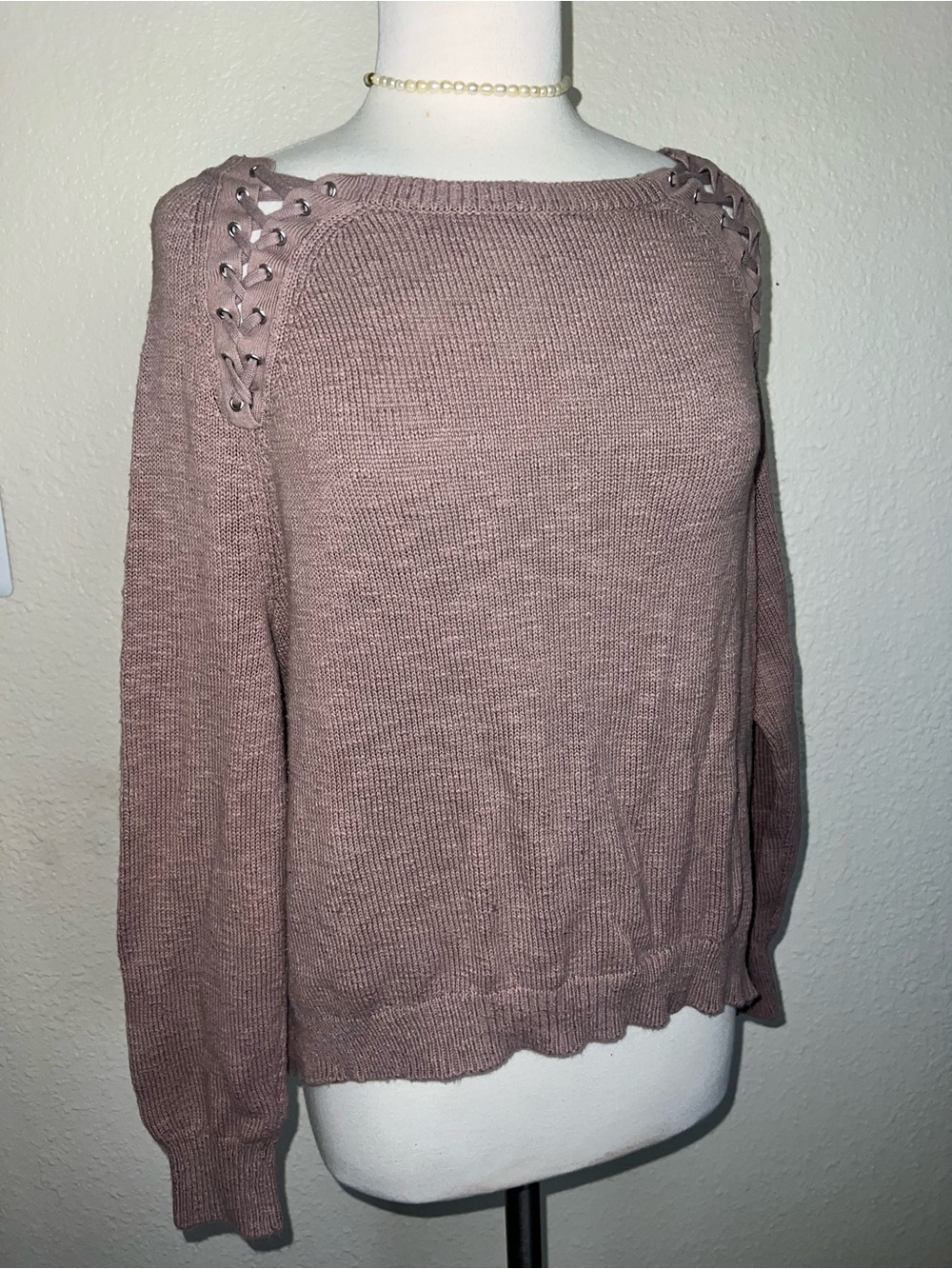 Express Off-the-Shoulder Lace-Up Sweater - Mauve Pink
